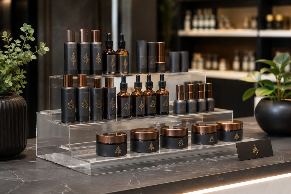 Custom tiered acrylic riser display stepping products up for visibility on a retail counter