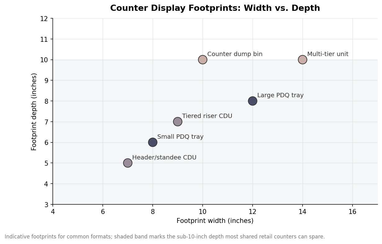 Scatter plot of countertop display formats by footprint width and depth